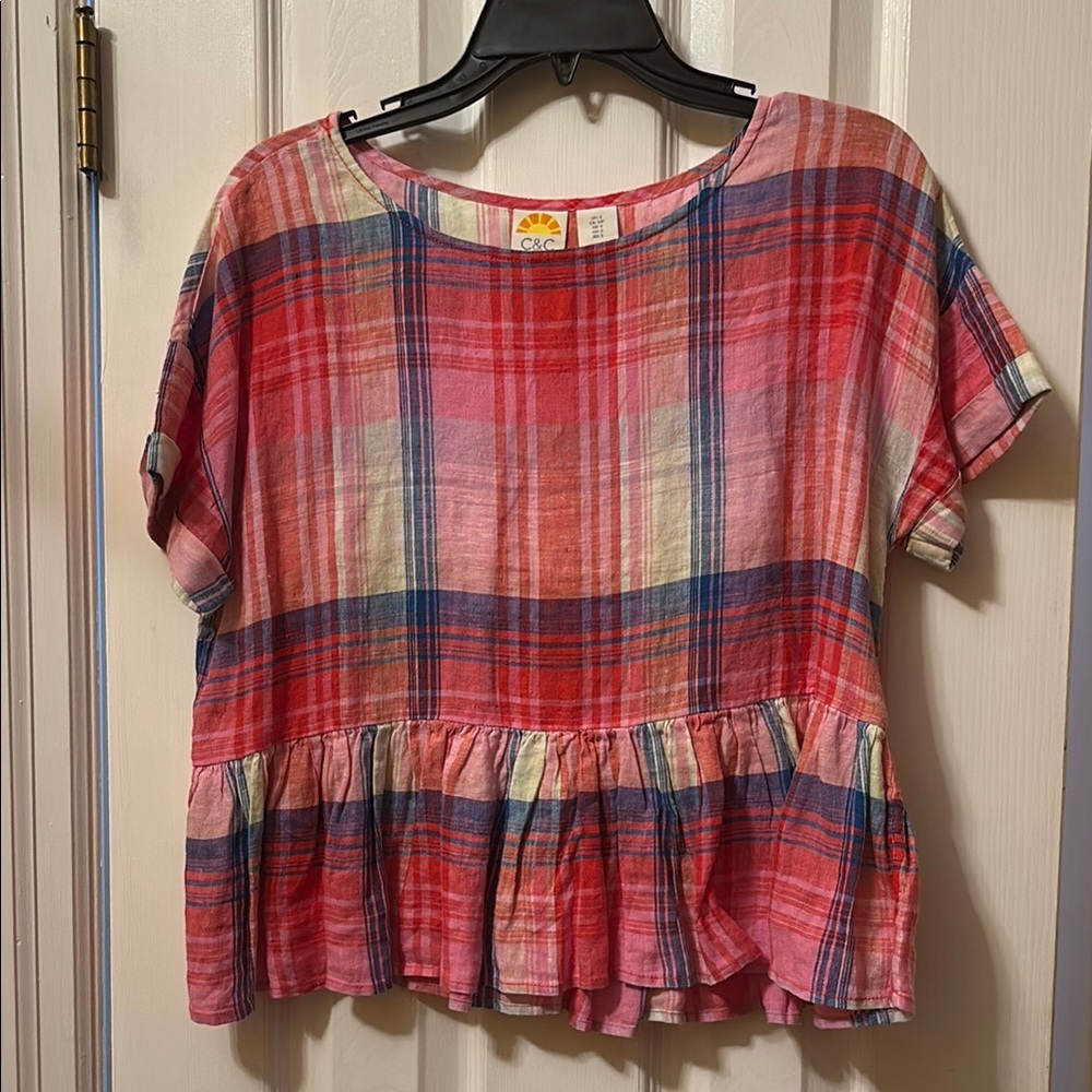 C&C California Red and Blue Plaid Ruffle Top